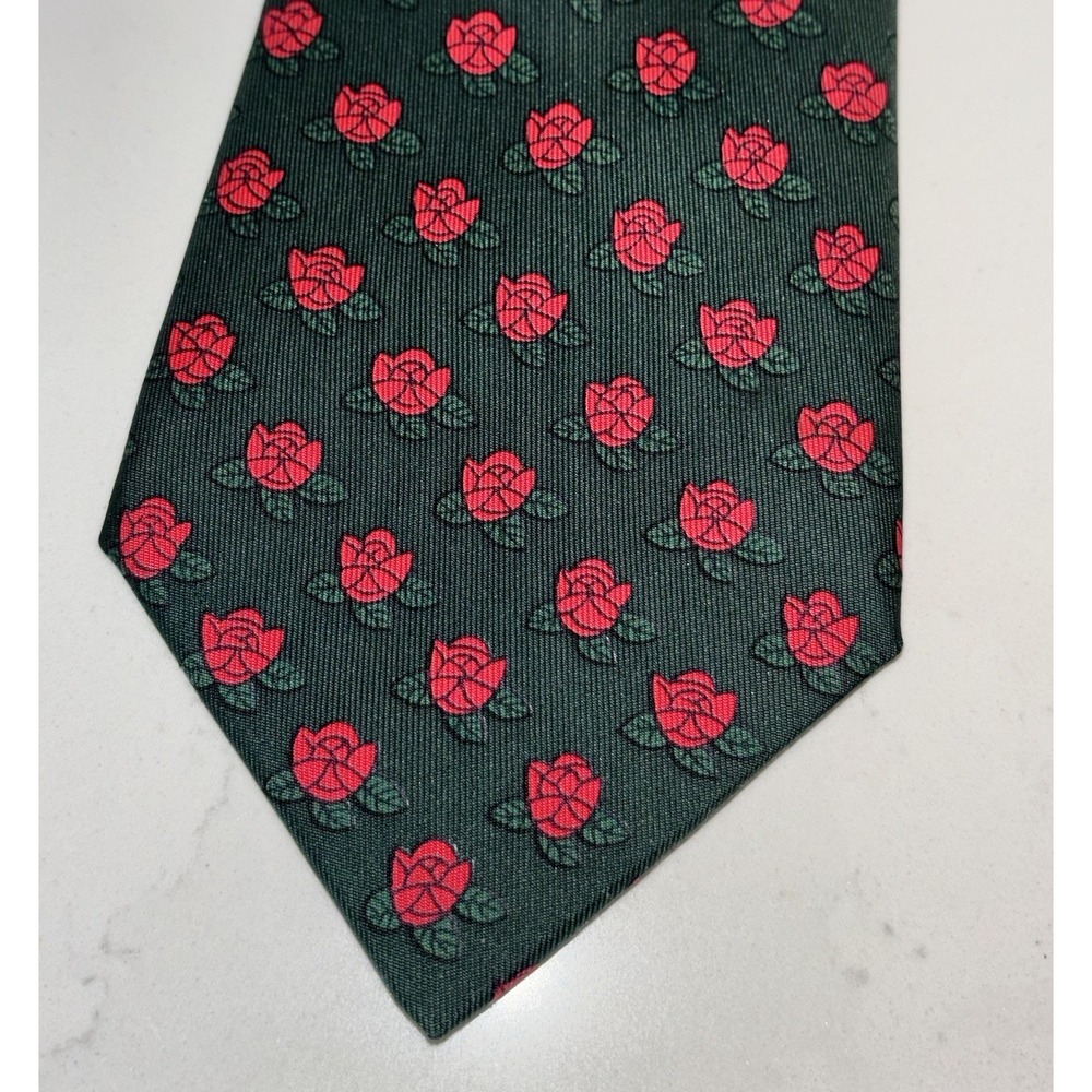 VINTAGE 90s Hermes Silk Neck Tie Green Red Rose Print France 7390 PA 57.5x3.5